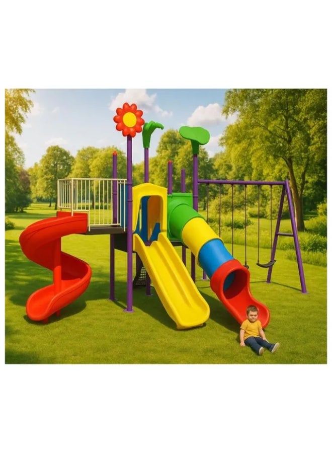 MYTS Garden Play Deck with 3 Swings & 3 Slides – Large Outdoor Playground Activity Centre for Children - Image 1
